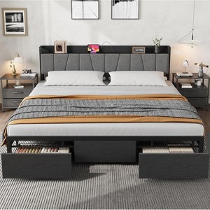 Bed Frame with Headboard, Platform Bed Frame with 2 Storage Drawers and Charging Station, Noise Free, No Box Spring Needed, Black - 1 of 4