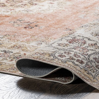 Peach and Cream 8' x 10' Vintage Floral Washable Rug