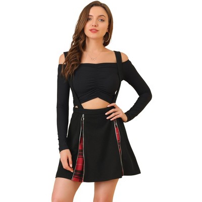 Allegra K Women's Plaid Zipper Removable Straps Overall Suspender Skirt
