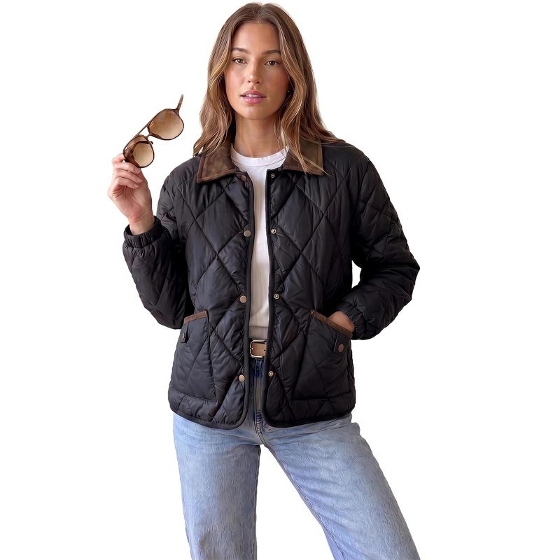 INSPIRE CHIC Women's Color Block Lapel Argyle Quilted Lightweight Button Down Puffer with Gathered Cuffs Coats Small Black