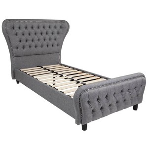 Transitional Cinched Tufted Upholstered Platform Bed with Accent Nail Trim Twin Light Gray - Riverstone Furniture Collection