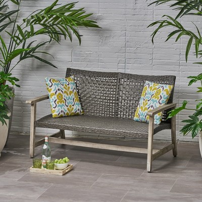 Outdoor Patio Loveseat Sofa Set, Wicker Loveseat Sofa for 2 People, Loveseat Sofa with Acacia Wood Frame and Woven Seating-Coolbibila