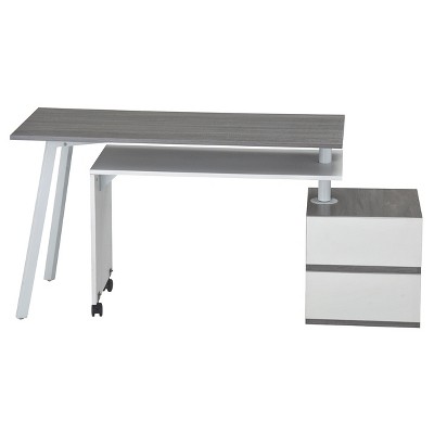 Grey and White Corner Computer Desk with Drawer and Keyboard Tray