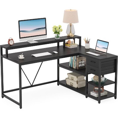 Tribesigns Reversible L-shaped Computer Desk with Drawer, Corner Desk Table with Storage Shelves and Monitor Stand for Home Office