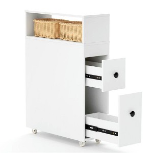 Resenkos White Bathroom Storage Cabinet (20" x 7.5" x 28.5") with 2 Drawers, Open Shelf and Wicker Baskets - 1 of 4