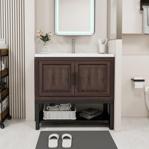 Bathroom Vanity With Ceramic Sink And Hot And Cold Faucet,Freestanding Bathroom Storage Cabinet With 2 Doors And Open Iron Shelf-Maison Boucle - 1 of 4