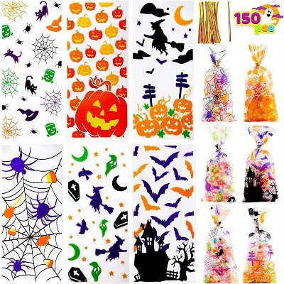 Joyfy 150Pcs Halloween Cellophane Rectangle Treat Bags,Halloween Decorations in 6 Design,Clear Candy Cookie Bag for Kids Classroom Party Supplies