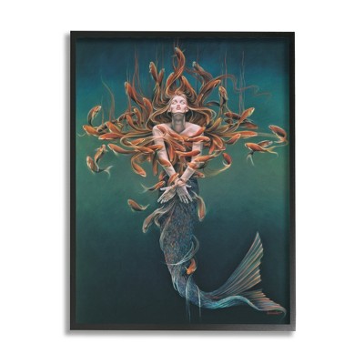 Stupell Industries Mermaid Fish Swirling Painting Framed Giclee Art