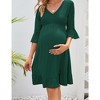 Maternity Women 3/4 Sleeve Smocked V Neck Dress Fall Casual Boho Flowy Ruffle Midi Dress for Baby Shower Photoshoot - 2 of 4