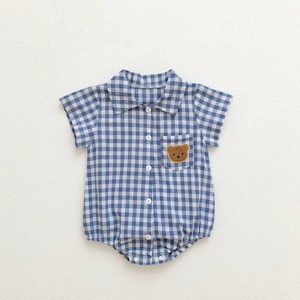 MyKids-USA Summer Arrival Baby Boys Plaid and Teddy Bear Pattern Short Sleeves Onesies with Turn-down Collar - 1 of 4
