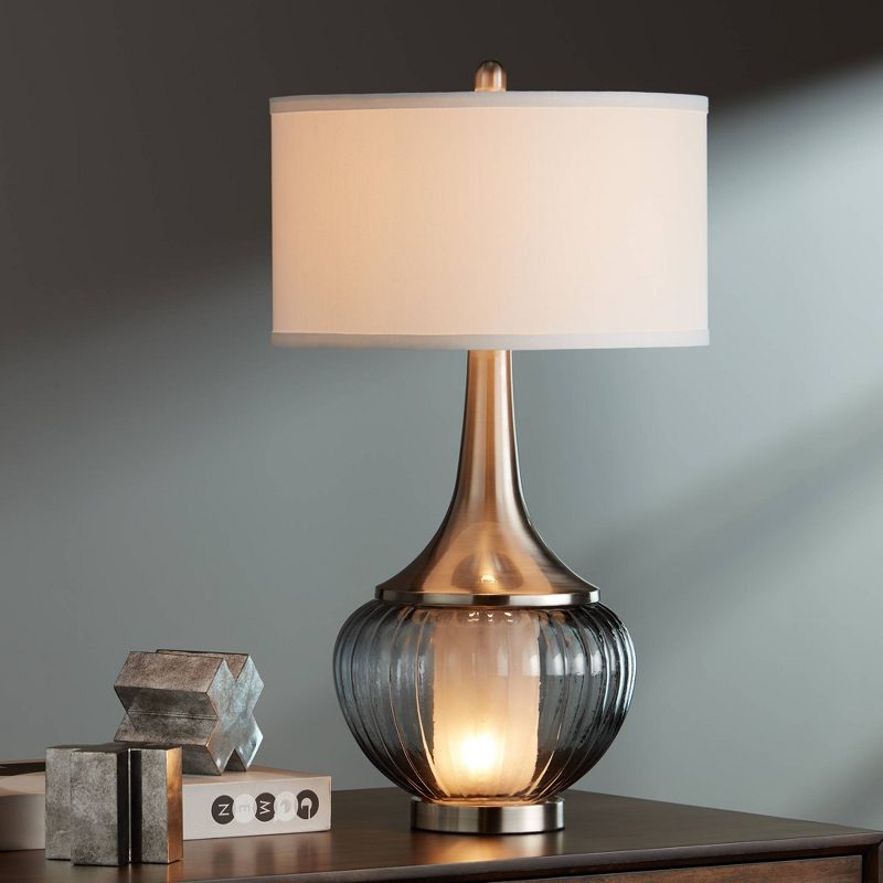 360 Lighting Courtney Modern Table Lamp 28 1/2" Tall Fluted Smoked Glass with Nightlight White Linen Drum Shade for Bedroom Living Room Nightstand, 3 of 8