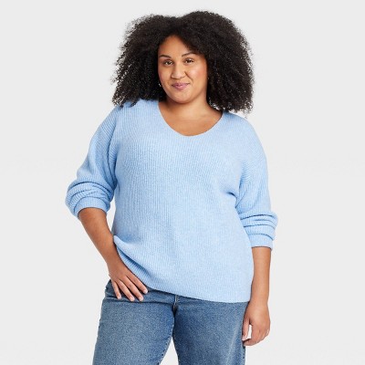 Women's Cozy Knit V-Neck Pullover Sweater - Ava & Viv™ Blue 2X