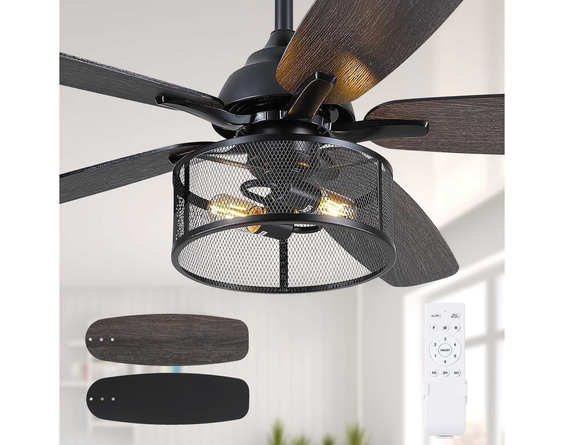Kviflon 48 and 56 Inches Caged Ceiling Fan Chandelier with Light and Remote for Door Porch,Kitchen,Dinning Room