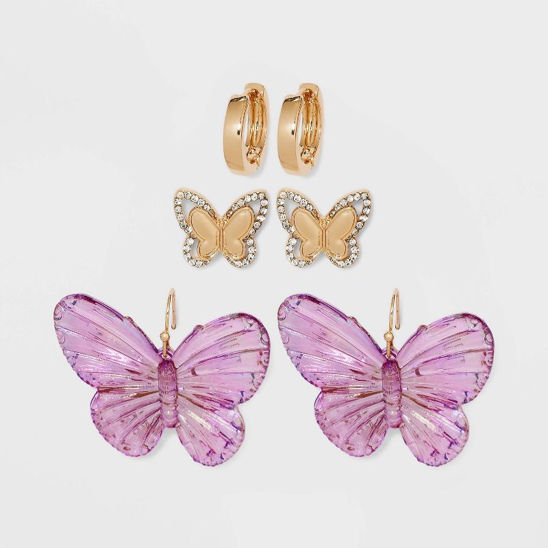 Butterfly Hoop Earring Set 3pc - Wild Fable&#8482; Gold/Purple, 1 of 3