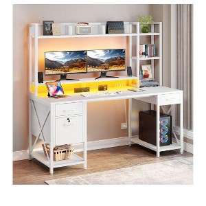 59in Home Office Desk With Storage Shelves & Monitor Stand Gaming Desk With LED Lights & Hutch - 1 of 4