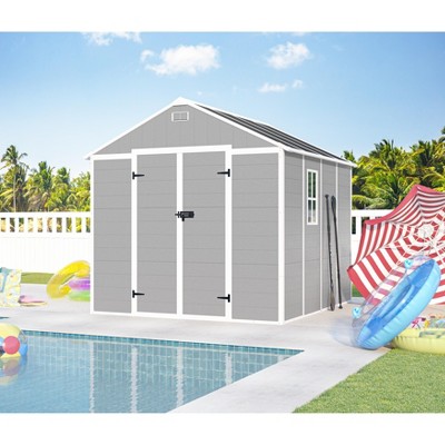 8*8ft resin storage shed, high quality pp material, strong structure, waterproof, rust and UV proof, large storage space, HD window lighting
