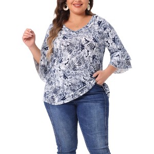 Agnes Orinda Women's Plus Size Floral Print V Neck Tiered Ruffle 3/4 Sleeve Casual Blouse - 1 of 4