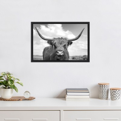 Highland Cow Black and White Framed Canvas Print 23 x 16 Inches