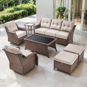 POCASSY 6" Thick Cushion Patio Furniture Set, Brown Wicker Outdoor Conversation Set with Swivel Chairs Tempered Glass Top Coffee Table and Ottoman - 1 of 4