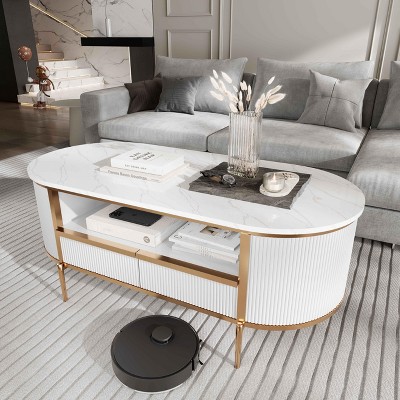 OKD 48" Modern Coffee Table with Sliding Drawer & Faux Marble Top