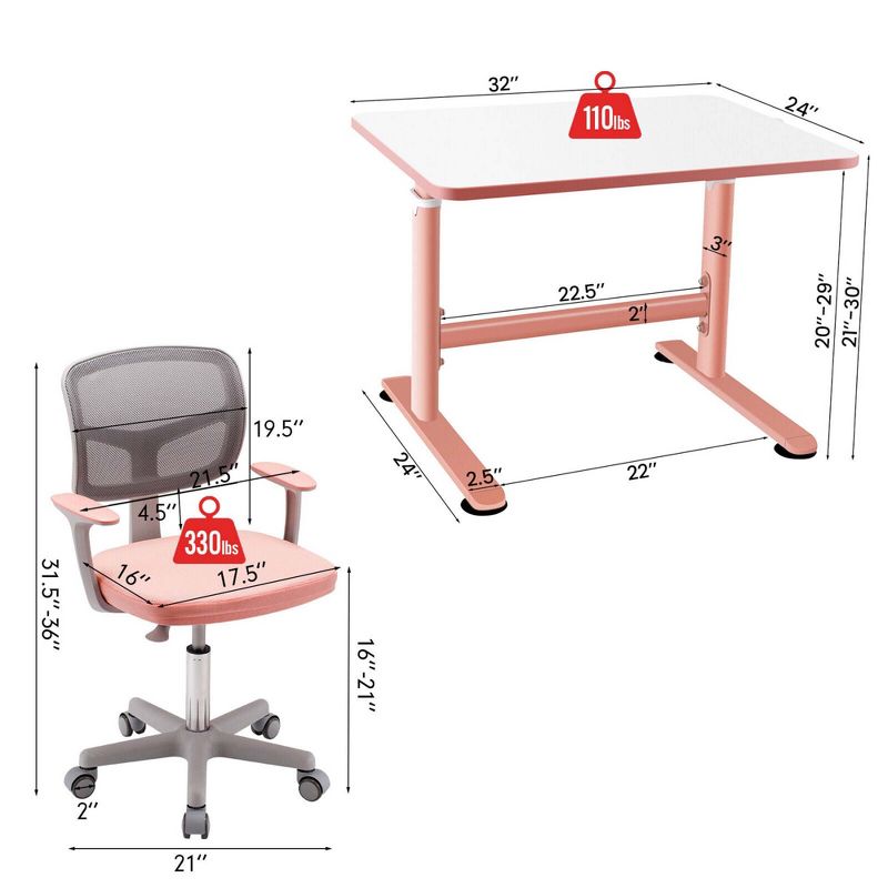 Costway Height Adjustable Kids Desk & Chair Set Study Desk Chair w/Sit-brake Caster Pink, 2 of 11