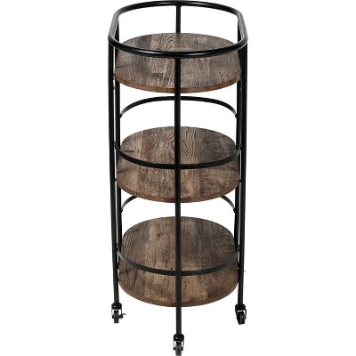 Rustic Brown and Black 3-Tier Oval Bar Cart with Storage