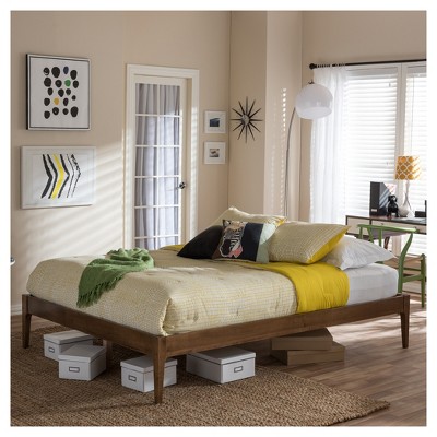 Mid-Century Modern Queen Bed Frame in Walnut Finish with Headboard