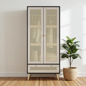 70.8" Tall Armoire Wardrobe Closet with Rattan Doors and Drawer, Wooden Clothes Storage Cabinet with Hanging Rod for Bedroom, Living Room - 1 of 4