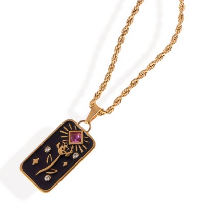 Anna-Kaci Women's Gold Tone Rope Chain Necklace with Enamel Pendant and Gemstone Accent - Black