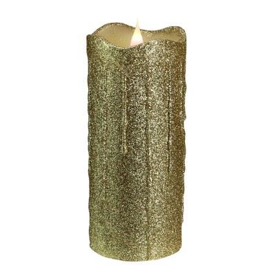 Melrose 7" Glittered Flameless LED Lighted Christmas Pillar Candle with Moving Flame - Gold