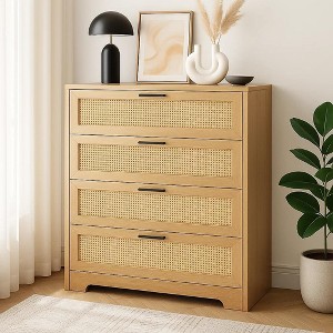 4 Drawer Rattan Dresser, Dresser with Power Outlets, Wood Dresser Chest of Drawers with Metal Handles for Living Room Closet Hallway Entryway - 1 of 1