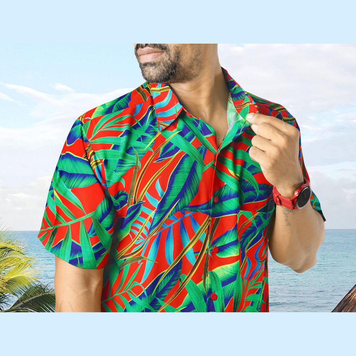 HAPPY BAY Mens Short Sleeve Button Down Hawaiian Collar Shirts Aloha Camp Beach Vacation Shirts Casual Camp Summer Untuckit Shirt XXL Blue,Tree - thumbnail 9