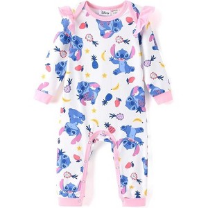 Disney Stitch Infant Girls Ruffle Long Sleeve Rompers - 1 of 4