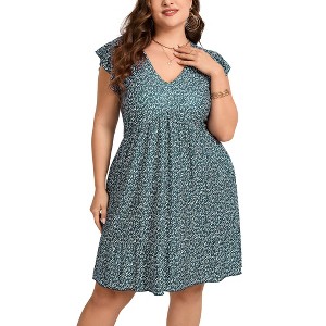 Clearlove Womens Womens Plus Size Casual V Neck Dress V Neck Loose Swing Ruffle Summer Boho Midi Dress with PocketsCasual Dress - 1 of 4