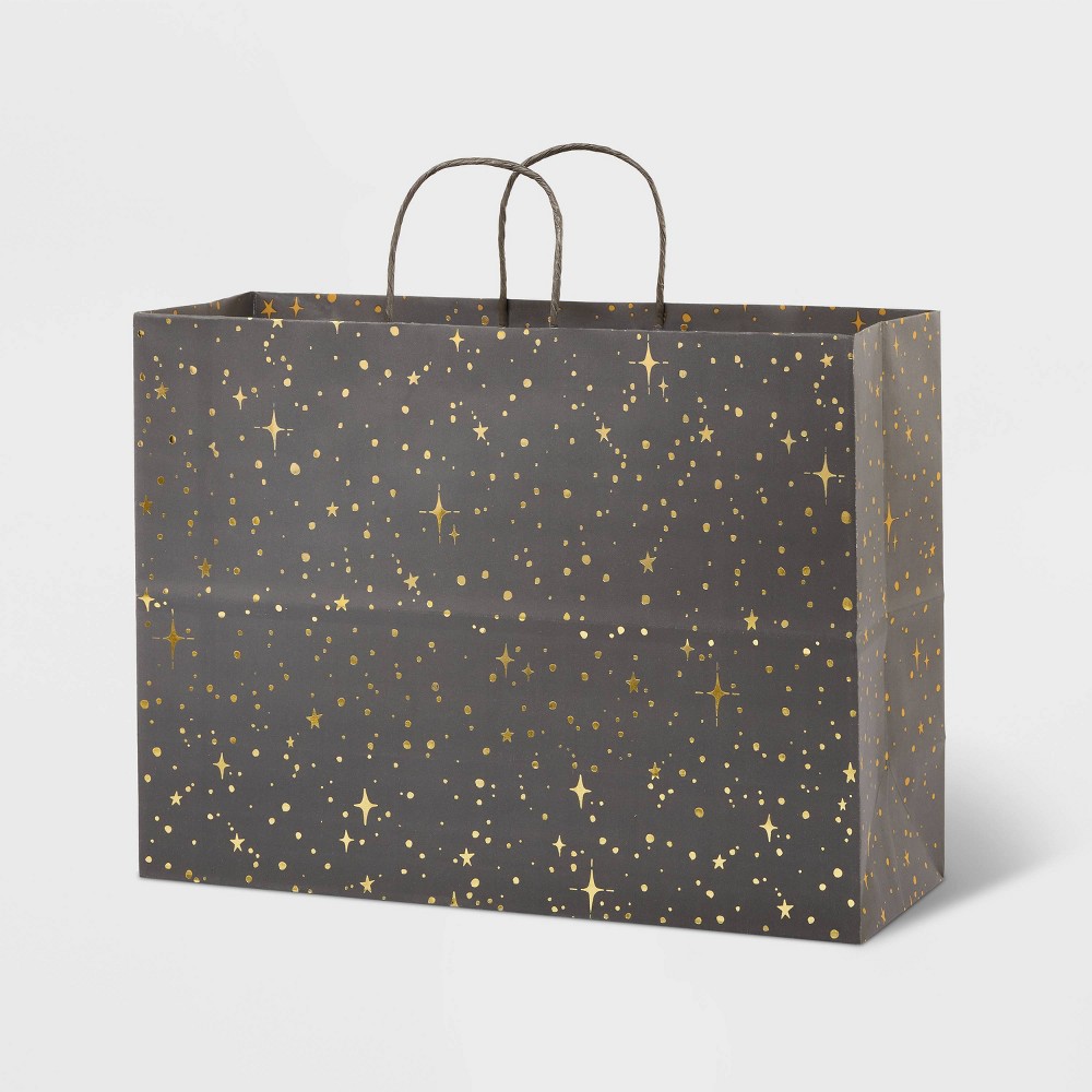 Medium Foil Star Pattern Gift Bag Gray/Gold - Spritz™: Black Polka Dot, Christmas & Graduation Gift Bag, 12"x16"x6"