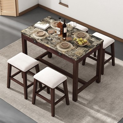 Whisen Modern 5-Piece Faux Marble Versatile Bar Table Set with Storage Drawers and Padded Stools
