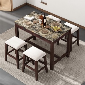 Whisen Modern 5-Piece Faux Marble Versatile Bar Table Set with Storage Drawers and Padded Stools - 1 of 4
