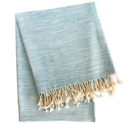 HomeRoots 59" X 71" Turquoise Cotton Plain Weave Throw Blanket with Tassels