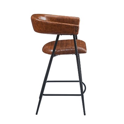 Brown Leather and Iron Frame Counter Stools, Set of 2