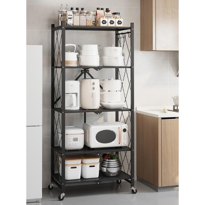 SUGIFT 5-Tier Storage Shelf Foldable Metal Shelving Units with Wheels, Black