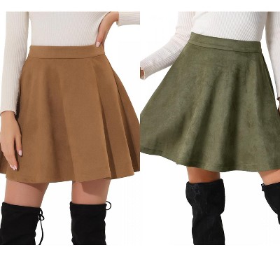 INSPIRE CHIC Women's Basic Faux Suede Flared Casual Mini Skater Skirt 2 Packs