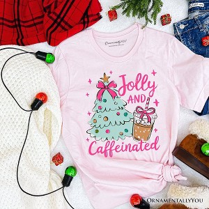 Jolly and Caffeinated Christmas Tree T-Shirt, Retro Coquette Coffee Holiday Tee | OrnamentallyYou - 1 of 4