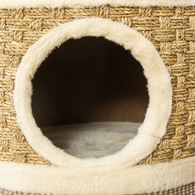 Khaki and Beige Sisal 3-Story Cat Condo with Scratching Pad