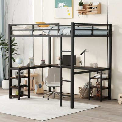 Full Size Metal Loft Bed with Desk and Shelves for Bedroom