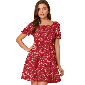 Allegra K Women's Heart Print Ruffled Square Neck A-Line Smocked Short Dress - 1 of 4