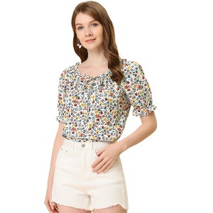 Allegra K Women's Sweetheart Neck Raglan Sleeve Retro Ruffle Floral Tops - 1 of 4