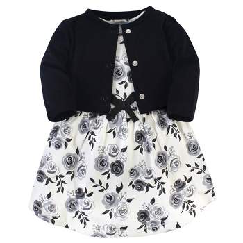 Touched by Nature Baby and Toddler Girl Organic Cotton Dress and Cardigan 2pc Set, Black Floral