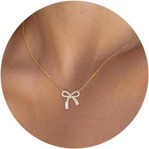 Gold Bow Pendant Necklace for Women, 14K Gold Plated CZ Bead Choker Christmas Gift - 1 of 4