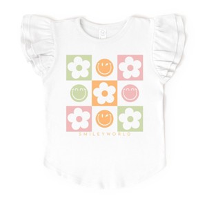 The Juniper Shop SmileyWorld Checkered Floral Smile Flutter Sleeve Tee - 1 of 4