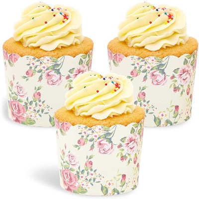 Sparkle and Bash 50 Pack Floral Design Cupcake Wrappers, 2.75 x 2.2 inches Vintage Flowers Paper Wraps